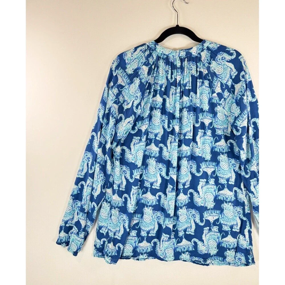 Lilly Pulitzer Womens Top Blue Martinique Elephant V Neck Blouse Casual Medium - Picture 9 of 13